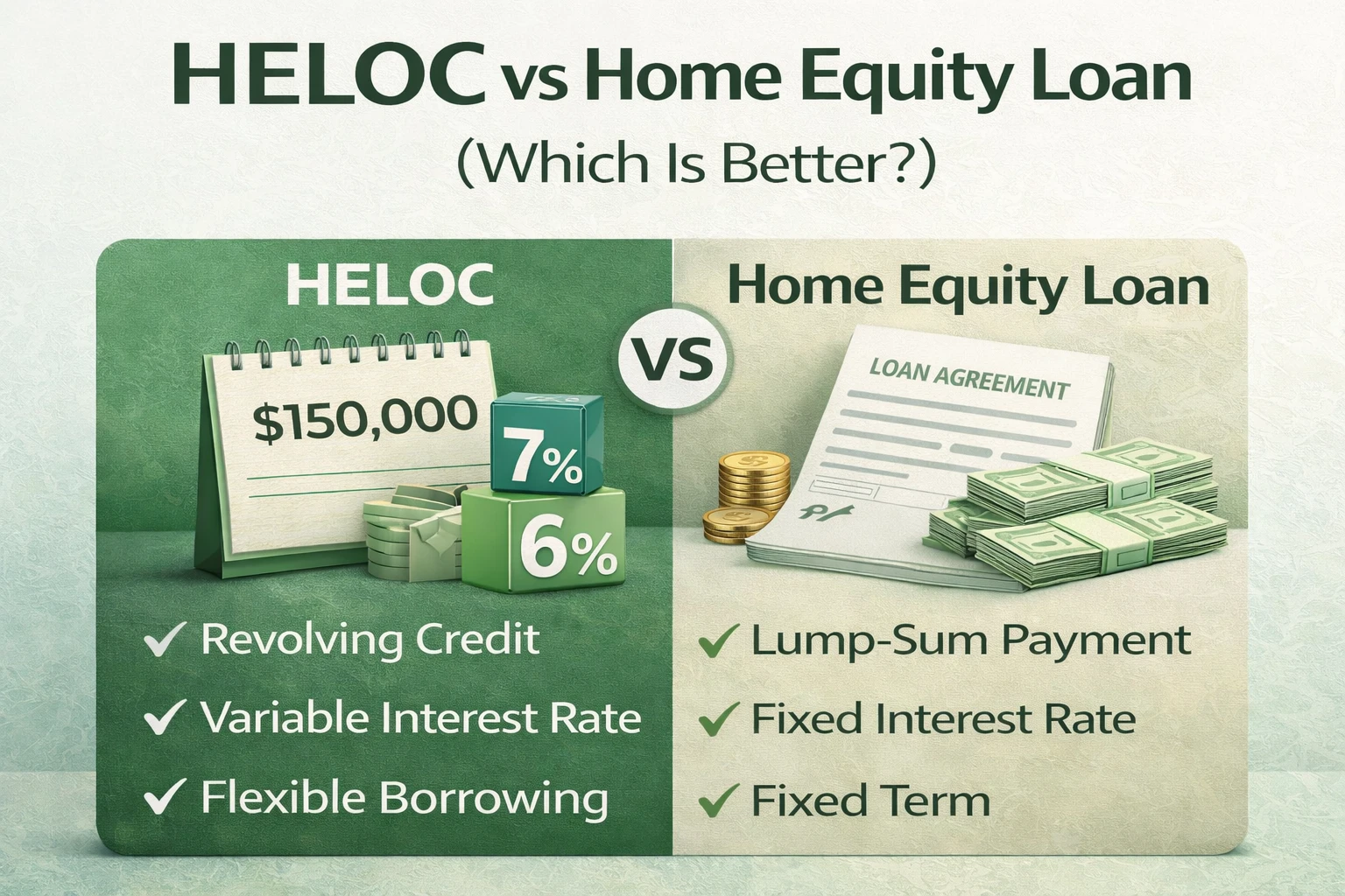 HELOC vs Home Equity Loan comparison showing key differences